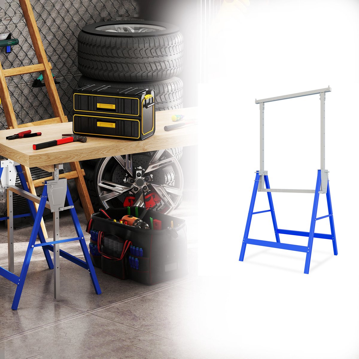 Aufun 2 stuks steigerwerkbank- Blauw- 7-voudig in hoogte verstelbaar 80-130 cm, Draagvermogen 200 kg- Telescopische steunpoot, Opvouwbaar