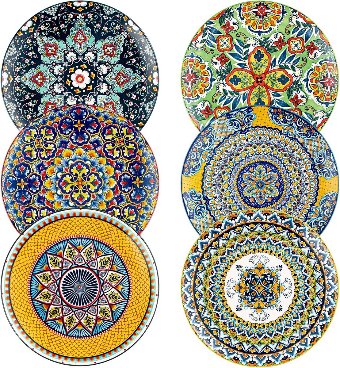 6-Delige Keramische Platte Borden Set, 27 cm, Kleurrijk Boho Stijl Dinerborden