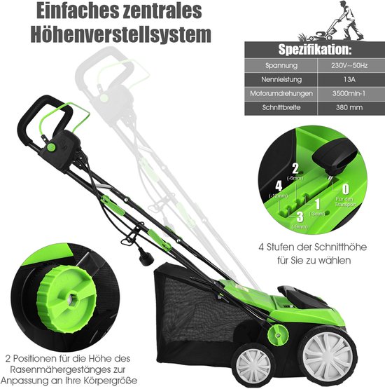 COSTWAY Elektrische verticuteermachine, gazonventilator, 1800 W, 2 treden werkdiepte, 38 cm werkbreedte, 45 l opvangmand, messenwals en ventilatorrol, gazon verticuteermachine voor tuin (groen) van Costway — afbeelding 2