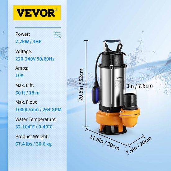 VEVOR Dompelpomp Vuilwater Pompen Rioolpomp Vuilwaterpomp 60000l/H Incl Vlotterschakelaar 2200w — afbeelding 3
