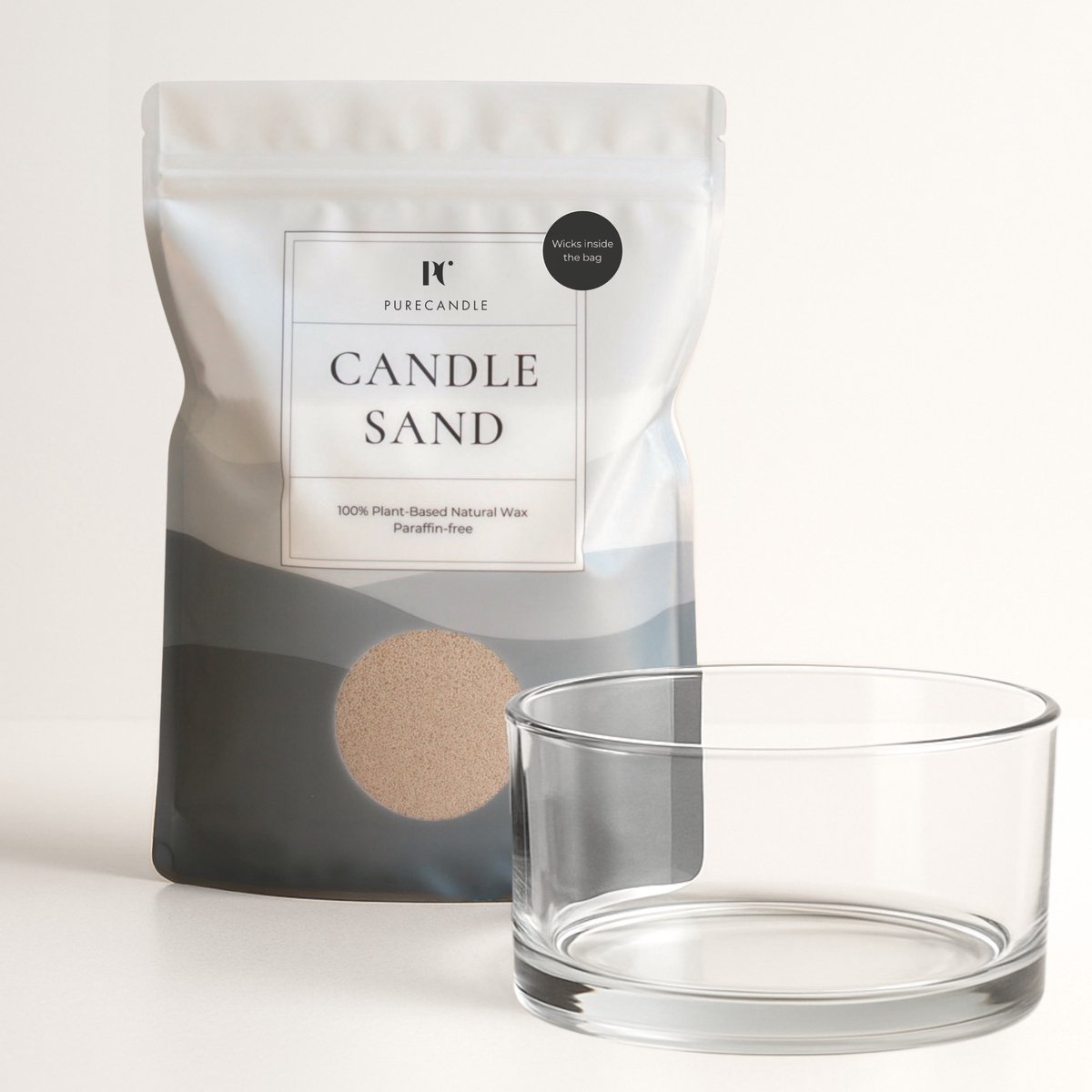 PureCandle Kaarsenzand Cadeauset – Beige Kaarsenzand 450g + 30 Lonten – Glazen Schaal Clar