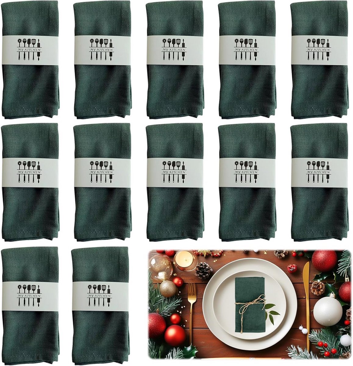 Set van 12 Linnen Look Servetten Groen 40x40 cm Wasbaar voor Diner en Feest