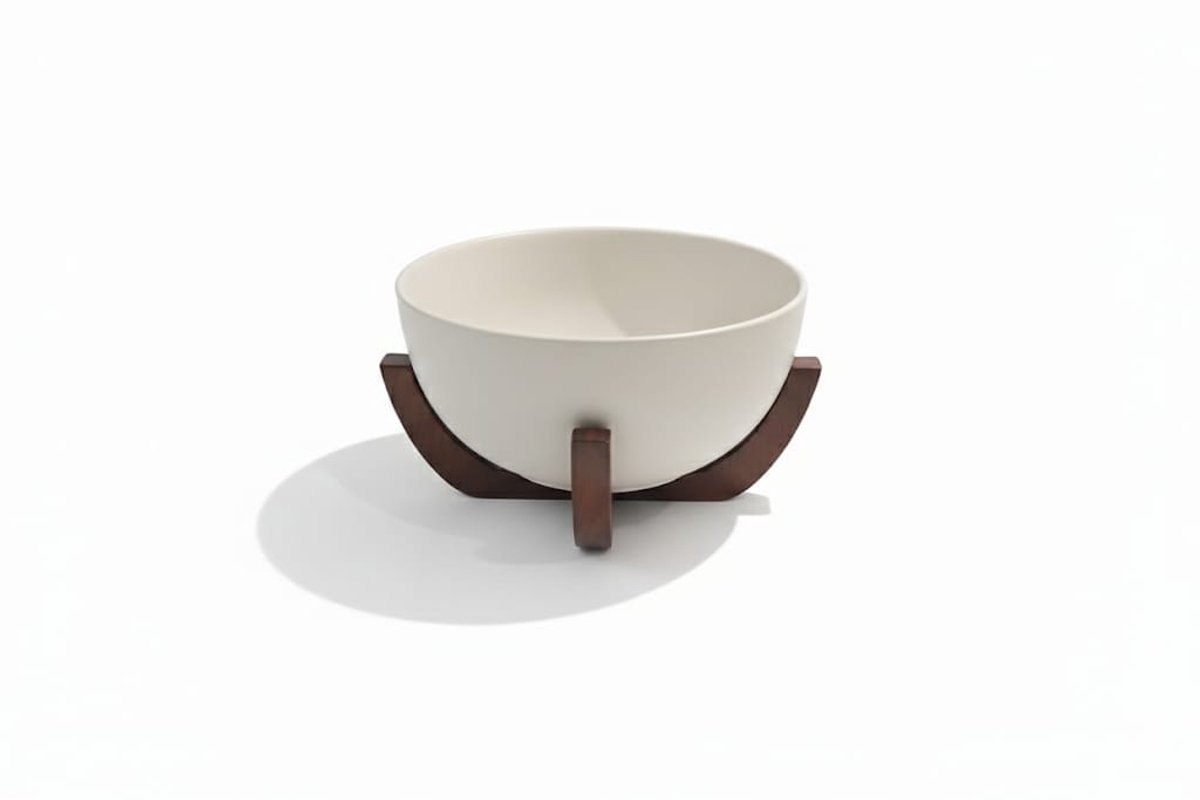 Bavary Terra keramische schaal met houten standaard 23,5 cm beige serveerkom fruitschaal