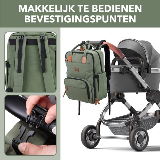 Groene luiertas met bruine accenten, bevestigd aan een kinderwagen, met detailshots van riemen en gespen.