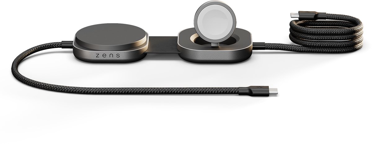 Zens Charging Cable USB C C Pro 3 – 1× Qi2 15 W draadloze lader – Apple Watch Magnetic Fast Charge en USB C output – Zwart