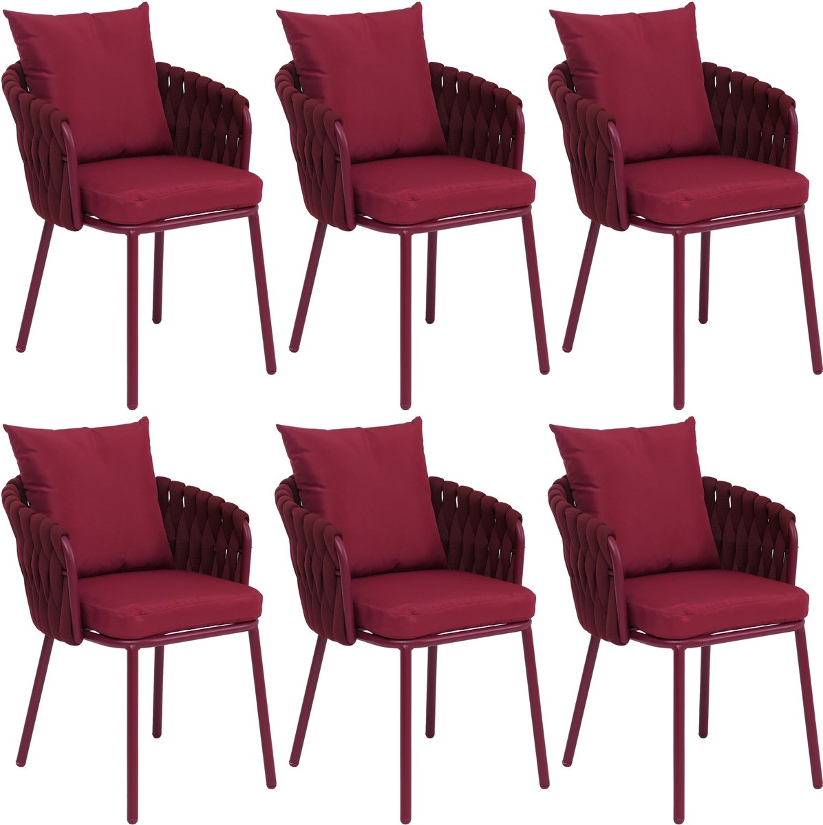 MCW Set van 6 aluminium eetkamerstoelen MCW-P89, binnenstoel met armleuningen, stof/textiel (180 g/m²) touwvlechtwerk ~ bordeauxrood