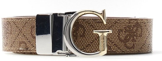 Bruine Guess riem met logo print, gouden gesp met zilveren G-logo.
