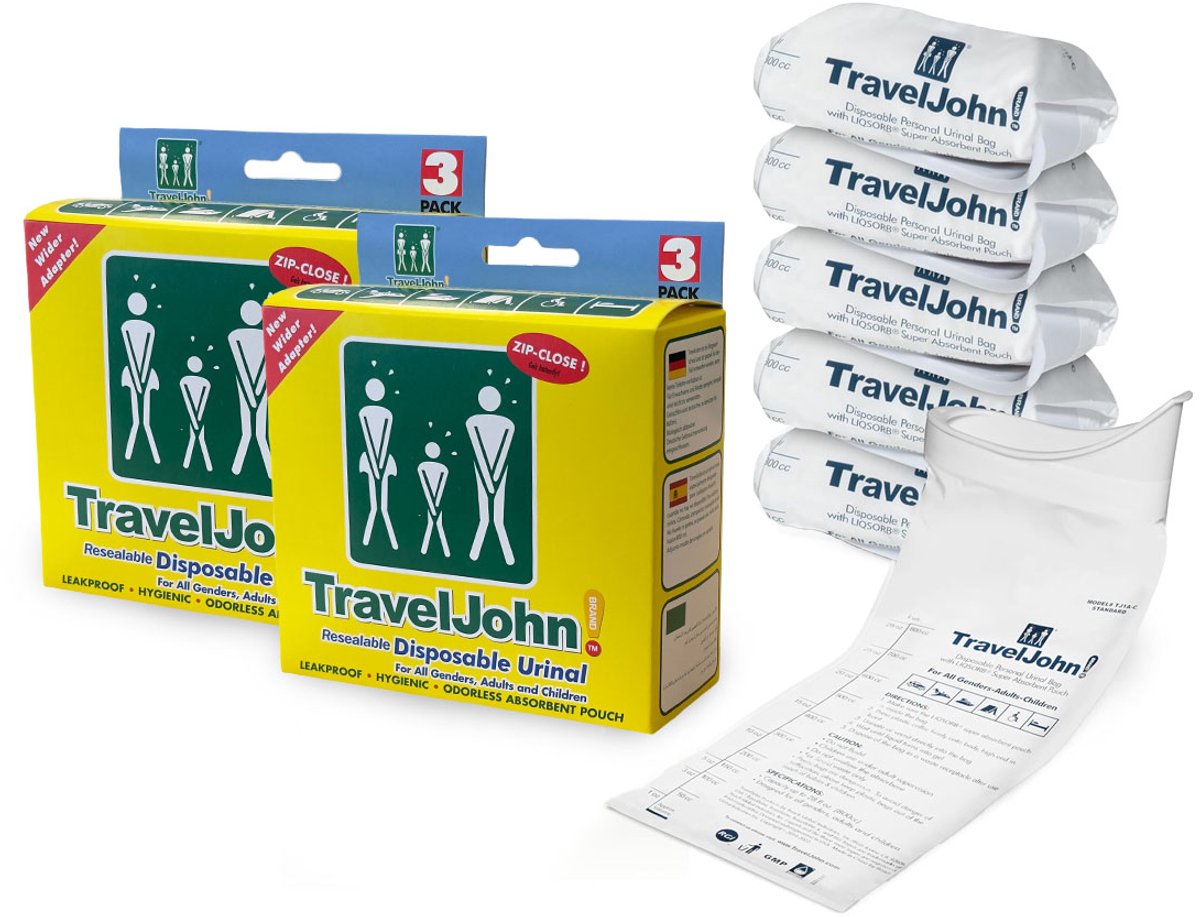 TravelJohn Plaszak - 6 stuks - 800 ml - Lekvrij & Geurloos - Unisex Wegwerp Urinaal - Reis toilet - Noodtoilet - PET