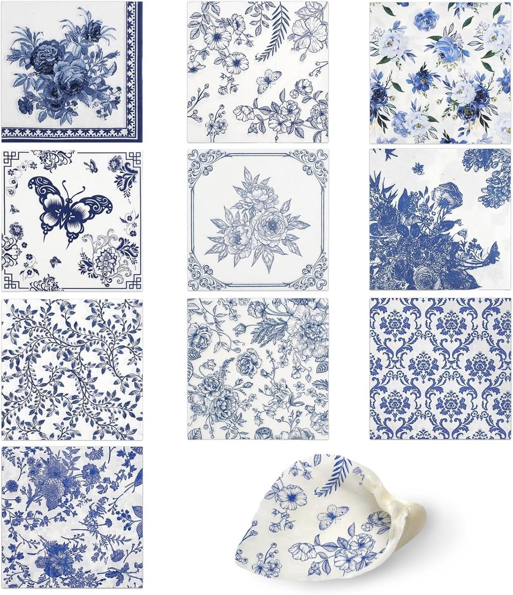 Blauw en Witte Servetten met Bloemenprint (20 Stuks) voor Feestjes en Knutselen
