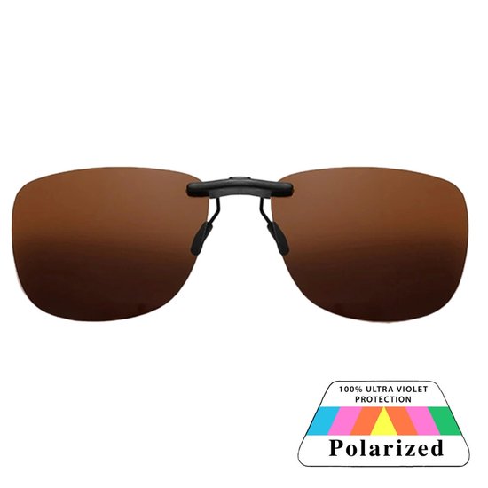 Gepolariseerde zonnebril clip-on met bruine glazen en 'Polarized 100% ULTRA VIOLET PROTECTION' sticker.
