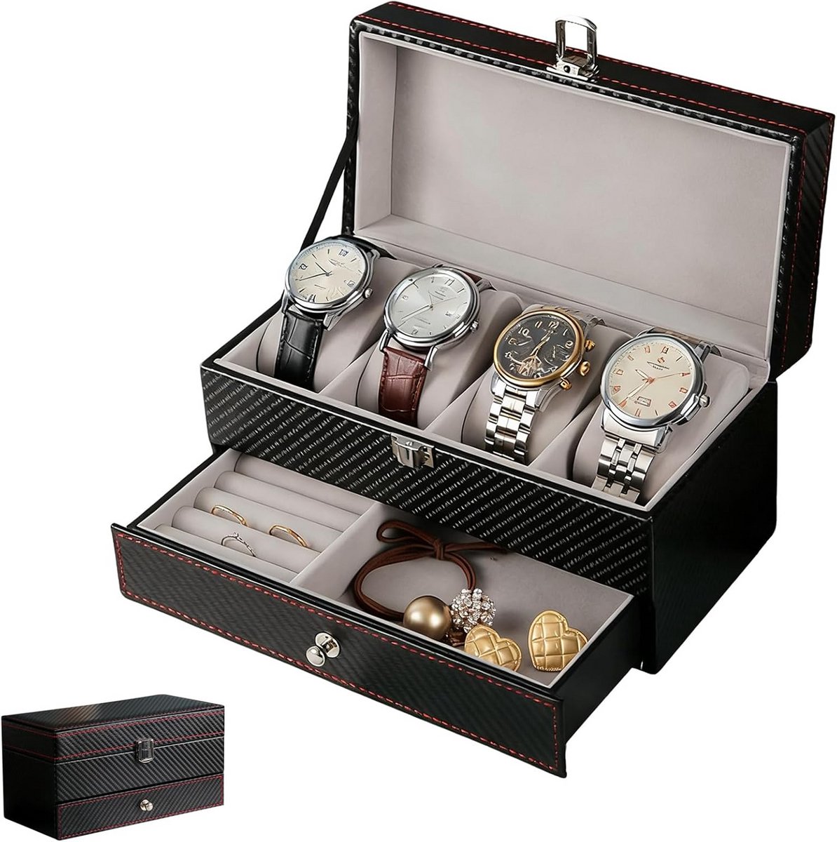 Horlogedoos voor Heren met 4 Vakken en Lade voor Sieraden en Accessoires