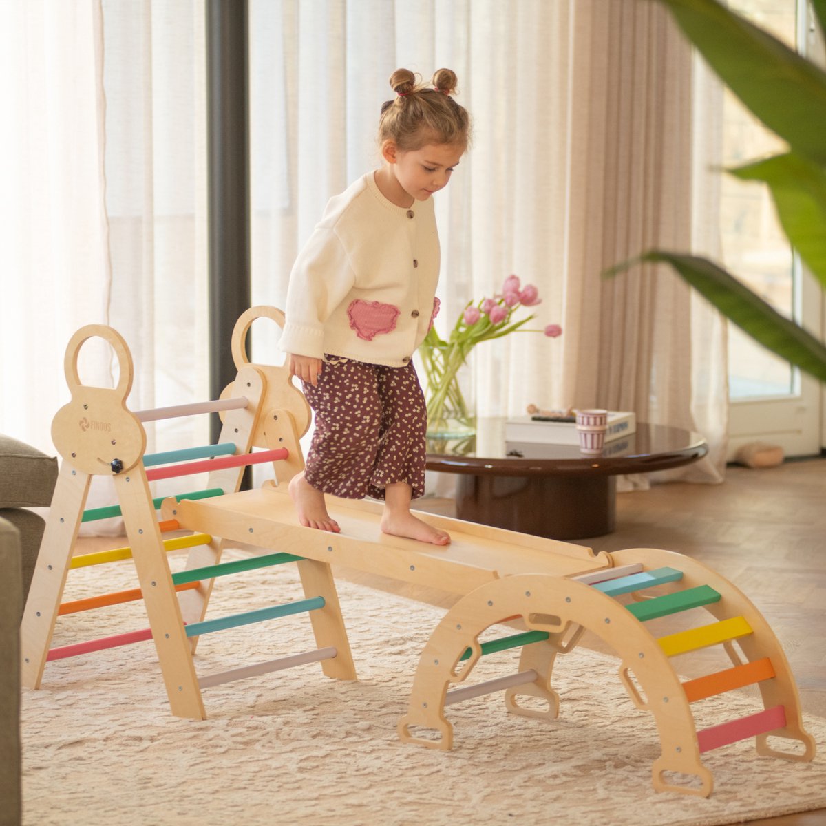 FINOOS Klimrek - Klimdriehoek - Klimboog - Glijbaan - Montessori - Houten Speelgoed - Regenboog — afbeelding 11
