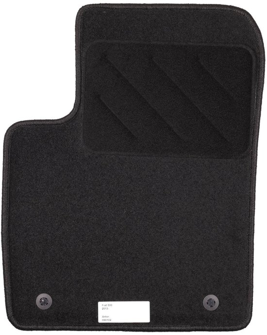 Zwarte bestuurdersmat voor Fiat 500 (2013-) met hakbeschermer en twee bevestigingsclips.