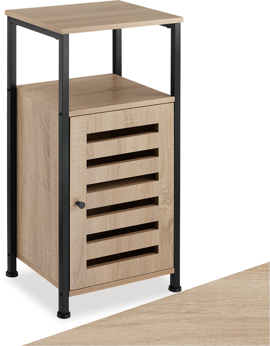 tectake® Bijzetkast - Bijzettafel met kast en open plank - Nachtkastje in industrieel design - Voor woonkamer, slaapkamer, kantoor, hal - Eenvoudige montage - Zwart metalen frame - Afmeting (LxBxH) 38,5 x 31,5 x 81 cm - Lichtbruin