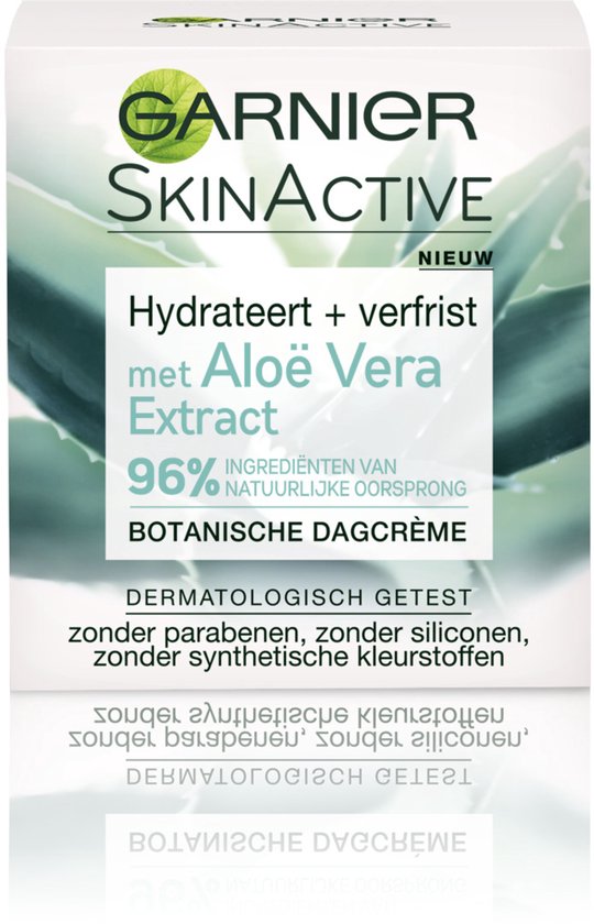 Garnier SkinActive Botanische Dagcrème doosje met Aloë Vera. Hydrateert, verfrist, 96% natuurlijke oorsprong.