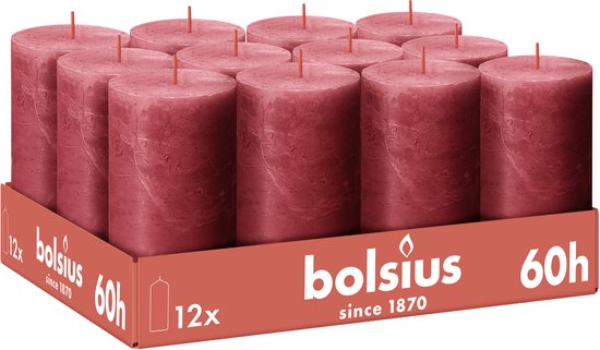Bolsius - Bougie Rustique - Rouge - 12 pièces - 13 cm - 60 heures de combustion