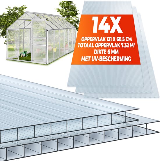 tectake® Lot de 14 plaques en polycarbonate - Plaques alvéolaires robustes, translucides et résistantes aux UV - 121 x 60,5 cm - 10,24 m² au total - Transparent - Plaque de serre de jardin - 6 mm d'épaisseur