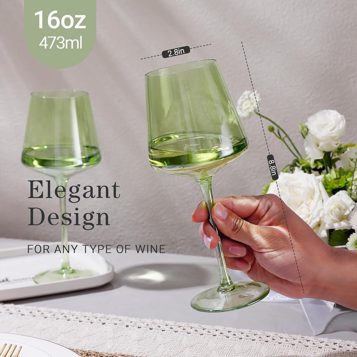 Set van 6 Groene Wijnfluiten met Lange Steel - Elegant Glaswerk voor Feestjes