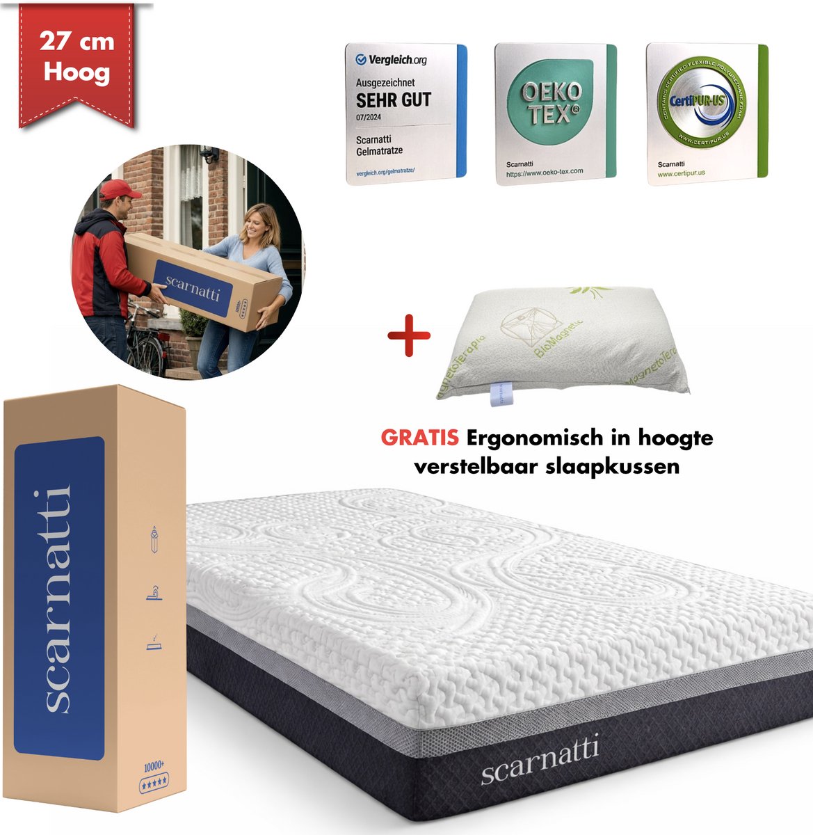 Premium Matras 80x200 - 27 cm hoog - 2in1 Koudschuim / Traagschuim - Extra Comfort - Bamboe tijk - logeermatrassen - Matrassen - 80 x 200 cm - Met kussen