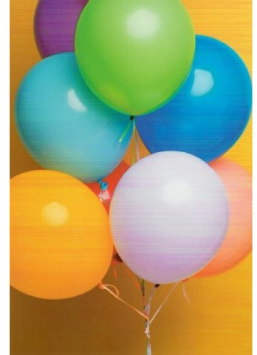 Een kleurrijke blanco kaart met ballonnen in allerlei kleuren. Deze kaart kan bij veel verschillende feestgelegenheden worden gebruikt. Leuk om zo te geven of om bij een cadeau te voegen. Een dubbele wenskaart inclusief envelop en in folie verpakt.