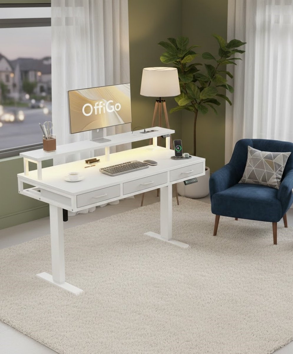 Elevate Elektrisch Verstelbaar Bureau 120x54 cm met Laden, Monitorstandaard, Stopcontacten en LED-licht – Ergonomisch Zit-Sta Bureau Wit A-Furniture