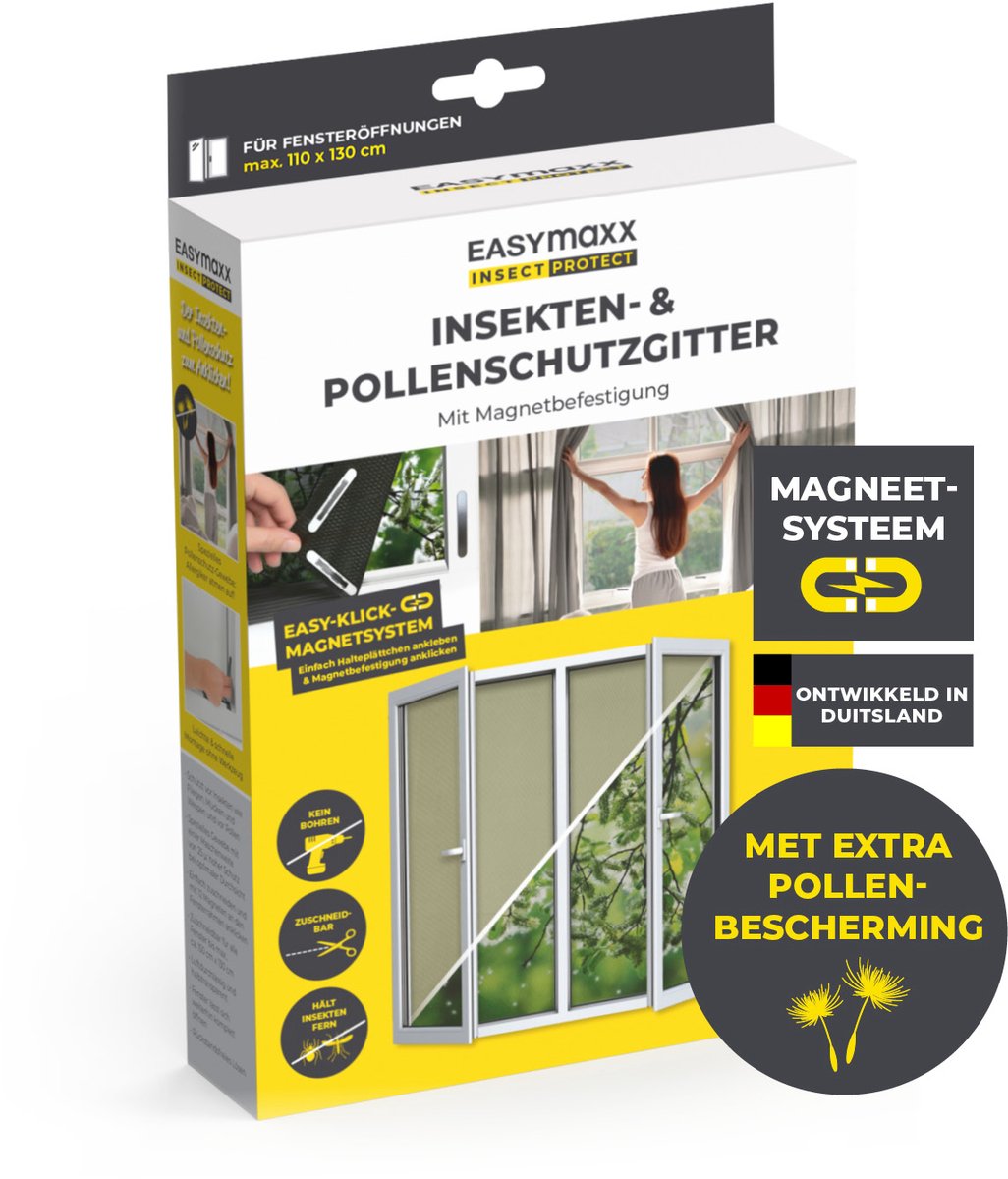 EASYmaxx Insect Protect vliegenhorren voor ramen | op maat te knippen muskietennet | insectenwering voor ramen tot 110 x 130 cm | vliegenhor met magneet en pollenwerend gaas - eenvoudige montage zonder boren, zwart, 1 stuk