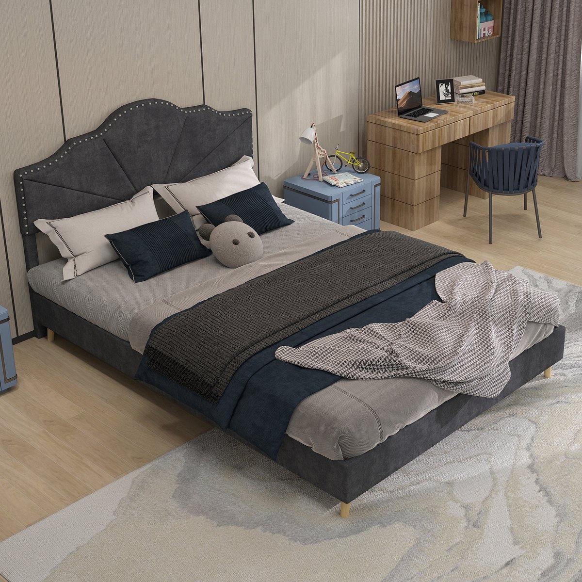 REDOM Bedframe 140x200 cm – Geometrisch hoofdbord met siernagels – Incl. lattenbodem – Grijs