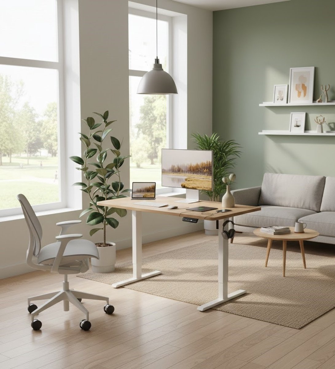 In Hoogte Verstelbaar Bureau met USB Oplaadpoorten – Sta-zit Bureau, Elektrisch Verstelbaar, Eiken, 120 x 60 cm, Perfect voor Thuiswerk & Kantoor A-Furniture