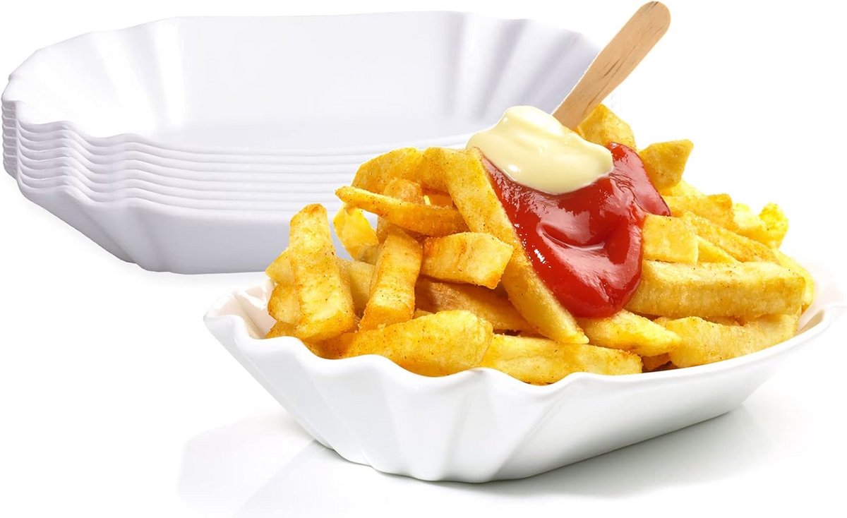 Set van 8 Witte Porseleinen Friteschalen voor Snacks en Snacks