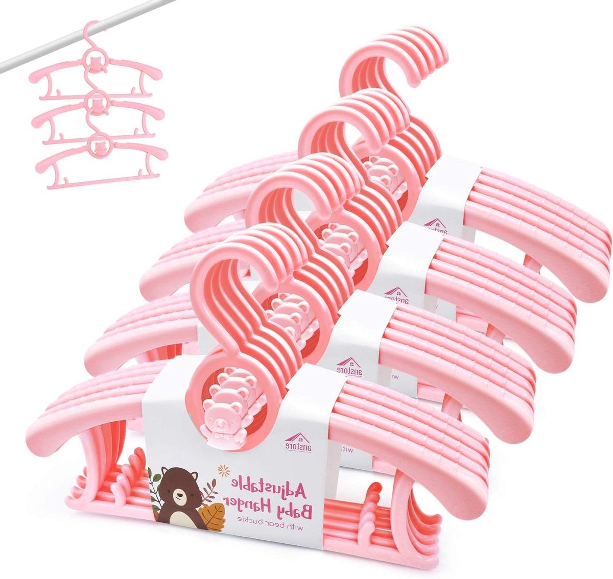 20 stuks kinderkleerhangers met stapelbare beertjes - ruimtebesparend en antislip - roze.