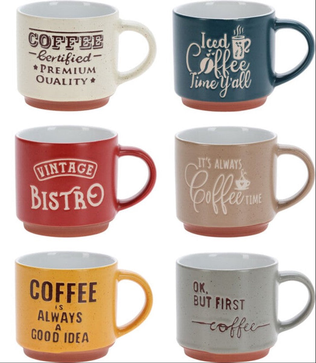 Cookinglife Koffiekopjes Koffietijd – Set Van 6 260 ml – Aardewerk – Vaatwasser- & Magnetronbestendig