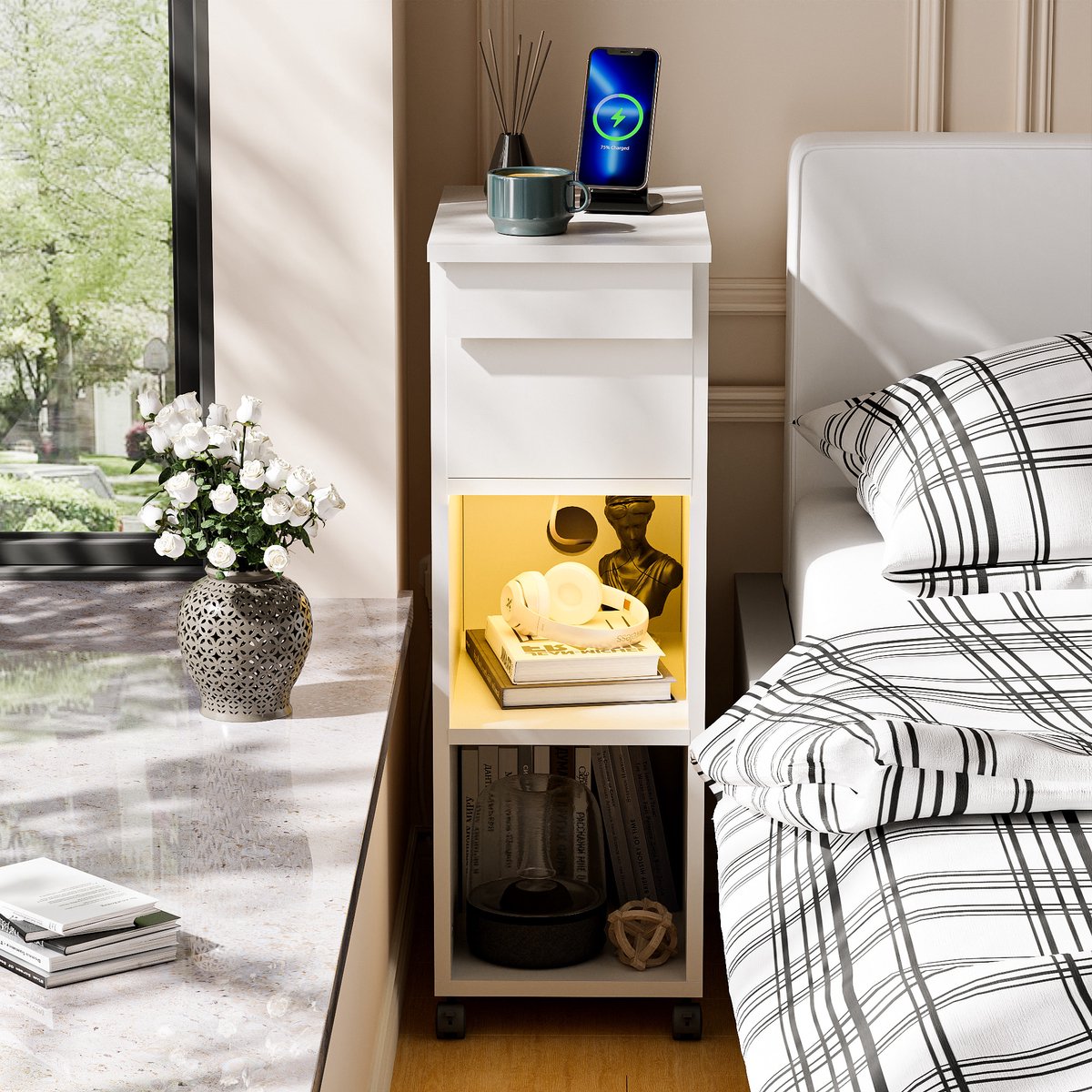 Nachtkastje - Wit nachtkastje met één lade Houten nachtkastje met Bluetooth-lichtstrip Nachtkastje met oplaadstation en geïntegreerde verlichting Hoekkast voor de slaapkamer