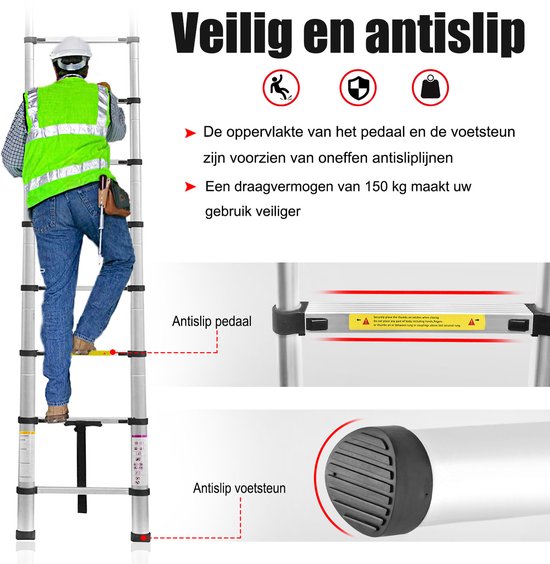 Man in veiligheidshesje en helm op ladder, met detailfoto's van antislip voetsteun en pedaal.
