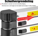 Aluminium ladder met zwarte draaiknoppen voor hoogteverstelling. Pijltje toont vergrendelingsknop.