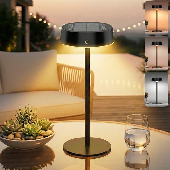 Lampe de Table Solaire MUPOO IP67 Rechargeable Intérieur & Extérieur - Recharge par USB & Soleil - 3 Couleurs de Lumière & Gradation Tactile - Petite Lampe pour Table de Jardin & Camping