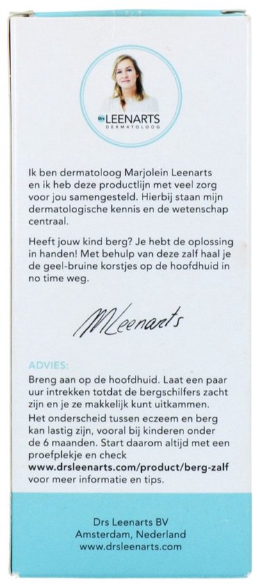 Achterkant van de verpakking met tekst over de zalf, een handtekening en advies. Bevat een portret van Dr. Leenarts.