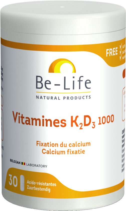 Be-Life Vitamine K2 D3 1000, 30 zuurresistente capsules. Oranje en witte verpakking met gele boog.