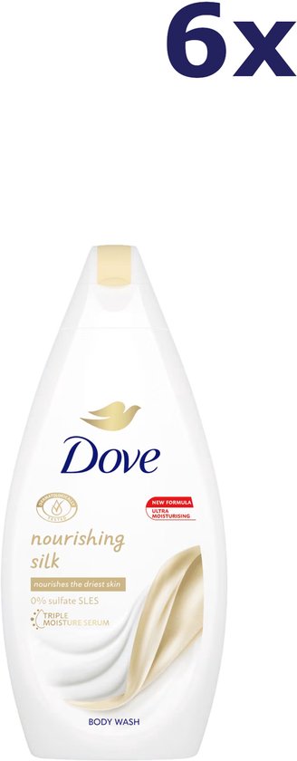 Dove Nourishing Silk body wash, 6x, 450ml. Witte fles met gouden accents en een afbeelding van zijde.