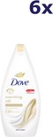 Dove Nourishing Silk body wash, 6x, 450ml. Witte fles met gouden accents en een afbeelding van zijde.
