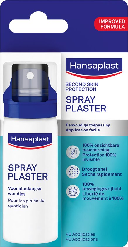 Hansaplast spraypleister verpakking met blauwe dop en witte sprayflacon. "Improved Formula", "Spray Plaster", "100% onzichtbare bescherming", "Droogt snel", "100% bewegingsvrijheid".