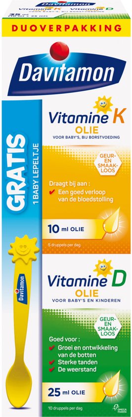 Davitamon duo verpakking met vitamine K en D olie voor baby's en kinderen. Gratis gele baby lepel.