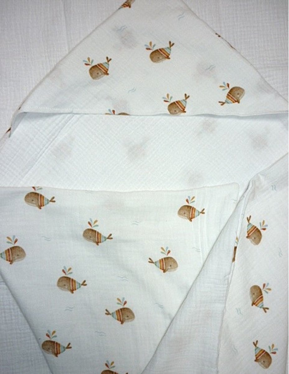 Oogappel Walvisjes Cottonsoft Hydrofiel Baby Badcape 75x75 cm Kraam Cadeau-Multicolour-Offwhite