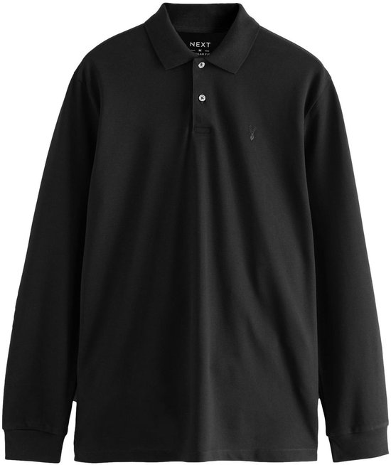 Zwart poloshirt met lange mouwen, knoopsluiting en een klein hertje geborduurd op de borst.