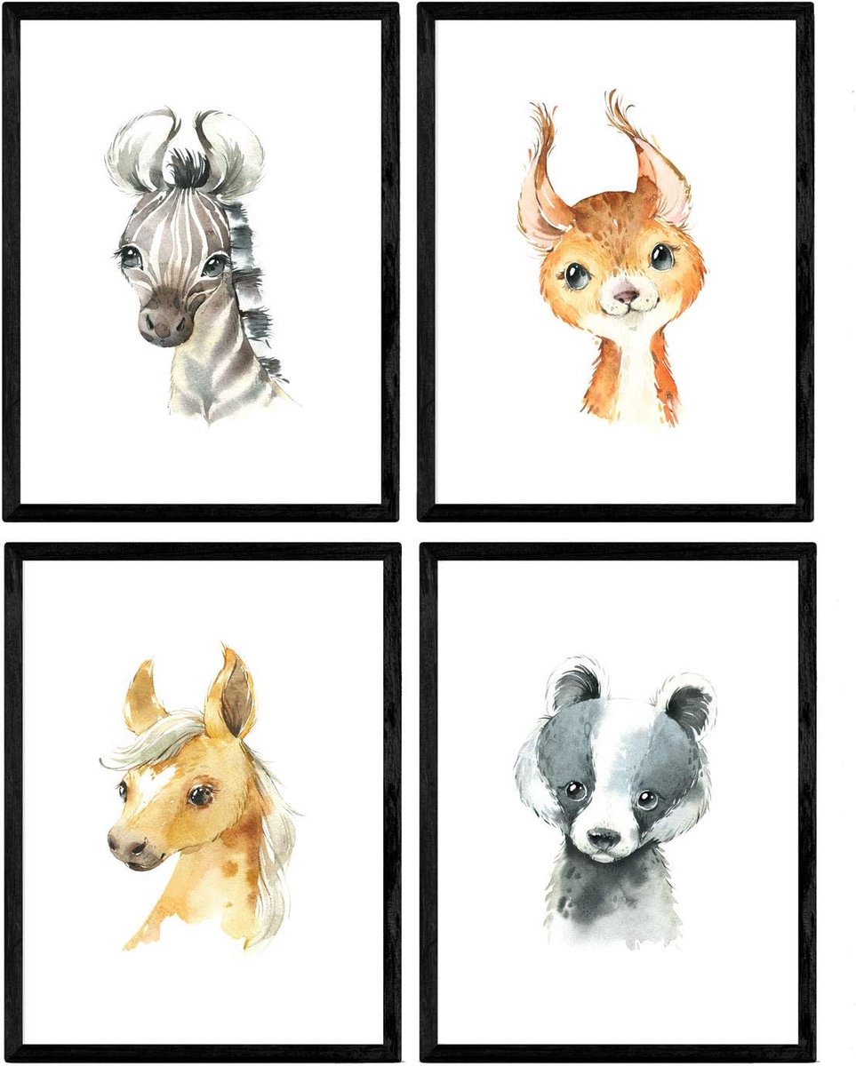 Vier Poster Vellen - Kinder Kunst - Muur Decoratie - Ontworpen in Spanje - A3 Formaat - Dieren Prints