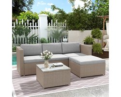 BLACKCOLORS Lounge bankstel van polyrotan, loungemeubelen voor in de tuin, hoekbank, bankstel met zit- en rugkussens, loungetafel met glazen blad, kaki