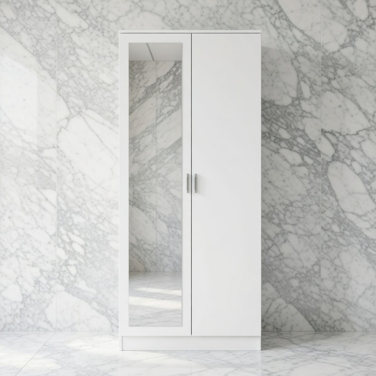 Moderne 2-Deurs Kledingkast met Spiegeldeur Wit – House&Garden – Ruime Slaapkamerkast met Softclose, Duurzame Aluminium Kledingstang & Hoogglans Design 76x47x180 cm