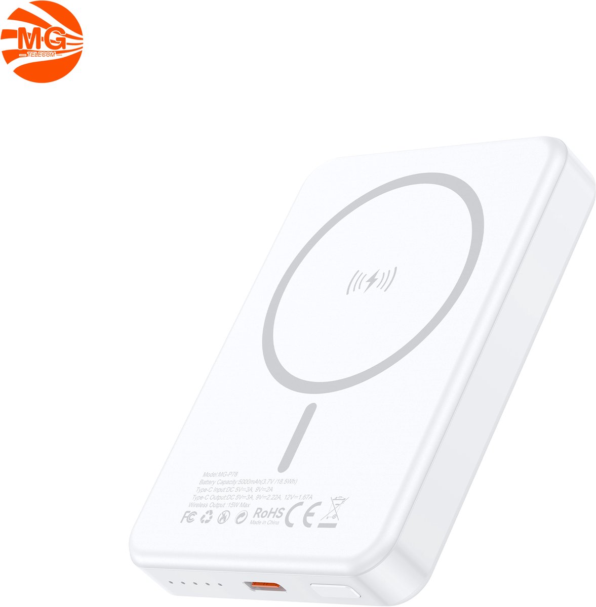 MG P78 5000mAh Powerbank - 15W Draadloos Opladen - Wit