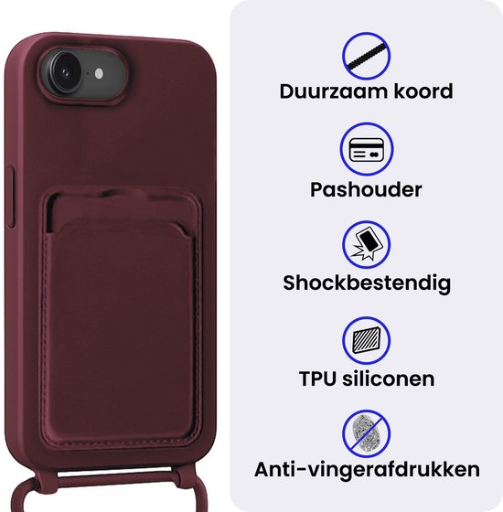 Auberginekleurig telefoonhoesje met kaarthouder, koord, en pictogrammen die duurzaamheid, pasjeshouder, schokbestendigheid en anti-vingerafdrukken aanduiden.
