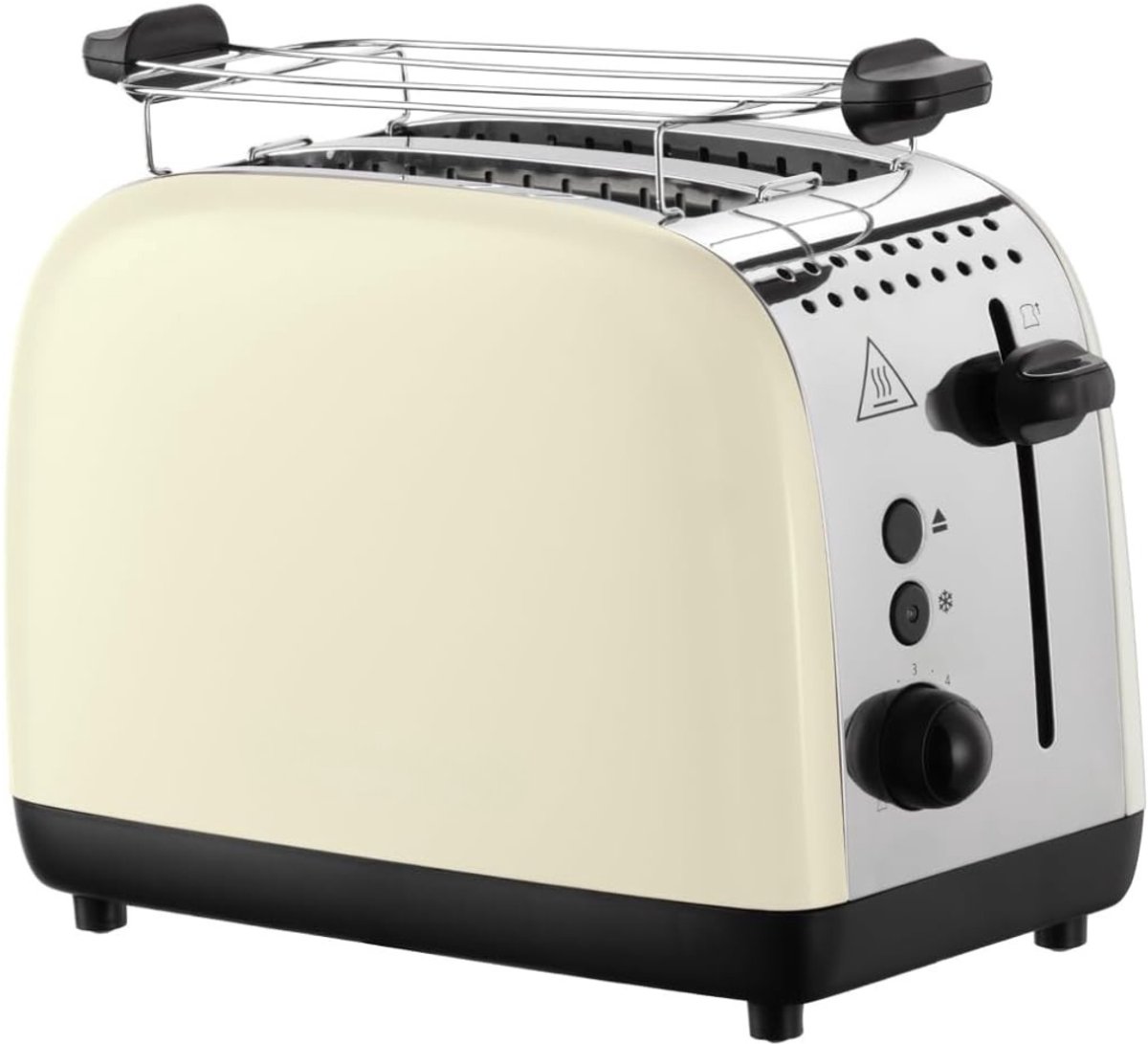 Verte Broodrooster met Tostiklemmen - Broodrooster - Roestvrij Staal Creme - Extra Brede Broodgleuven - Incl. Warmhoudrooster - 6 Bruiningsstanden - Ontdooifunctie