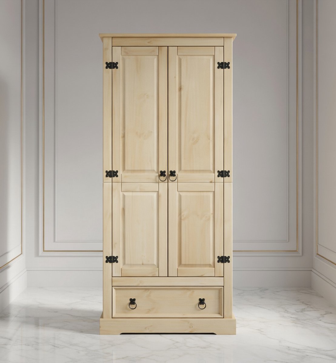 Massieve Grenen Kledingkast met Draaideuren en Lade – Slaapkamerkast met Veel Opbergruimte en Metalen Handgrepen – Houten Garderobekast Pine Finish House&Garden